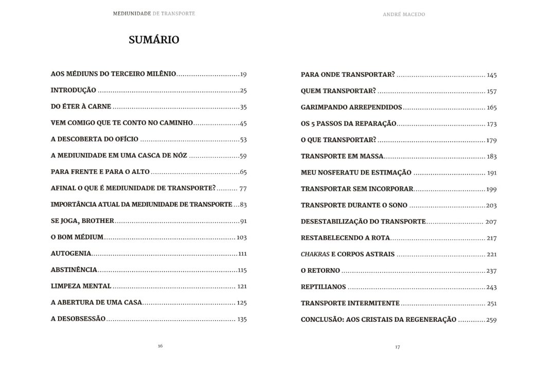 Sumário, páginas 16 e 17